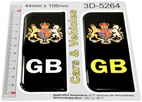 2x 44 x 108 mm GB Black Front &, Vehicle Car Van Number Plate Stickers 3D Gel Domed Badges