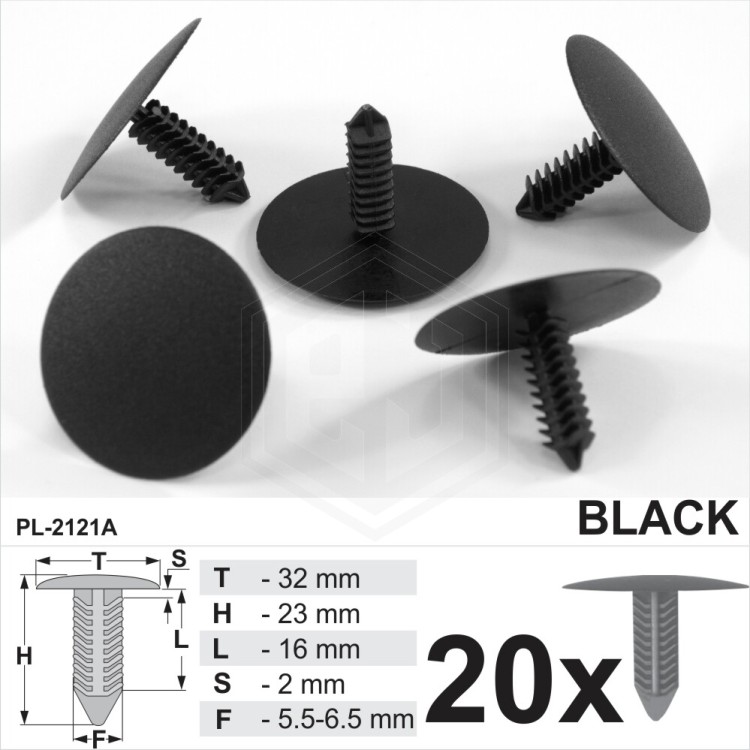 Black Plastic Fir Tree Trim Clips 6mm Hole 32mm Head Car Van Push In Button