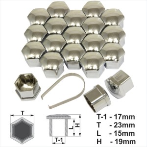 17mm Chrome Silver Alloy Wheel Nut Bolt Covers Caps Metal Key Any Car Set of 20