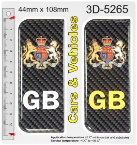 2x 44 x 108 mm GB Carbon Front &, Vehicle Car Van Number Plate Stickers 3D Gel Domed Badges