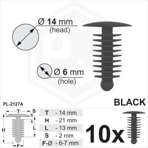 Black Plastic Fir Tree Trim Clips 6mm Hole, 14mm Head Car Fixings Fastener