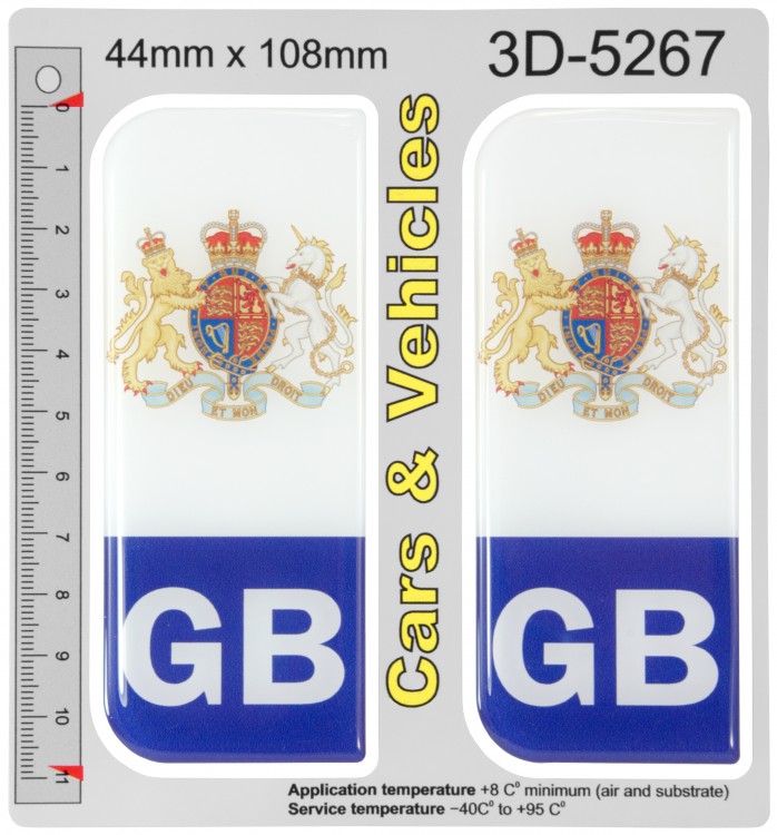2x 44 x 108 mm GB White Blue Vehicle Car Van Number Plate Stickers 3D Gel Domed Resin Badges