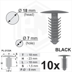 Black Plastic Fir Tree Trim Clips 7mm Hole, 18mm Head Car Universal Plugs