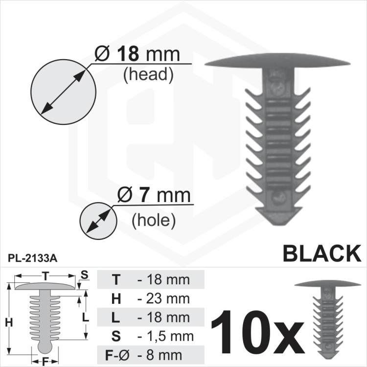 Black Plastic Fir Tree Trim Clips 7mm Hole, 18mm Head Car Universal Plugs