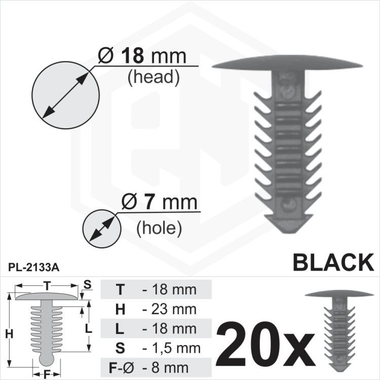 Black Plastic Fir Tree Trim Clips 7mm Hole, 18mm Head Car Universal Plugs
