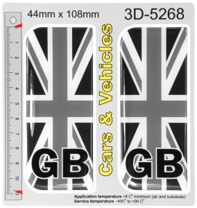 2x 44 x 108 mm GB Black and White Vehicle Car Van Number Plate Stickers 3D Gel Domed Badges