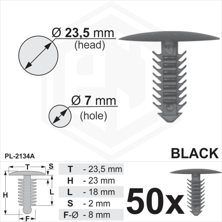 Black Plastic Fir Tree Trim Clips 7mm Hole, 23,5mm Head Car Push In Spruce
