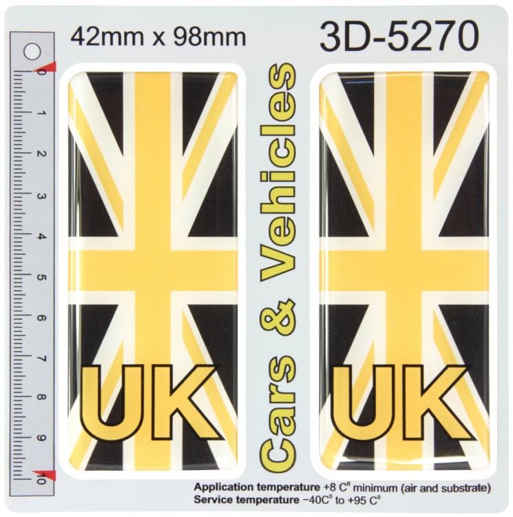 2x 42 x 98 mm UK Yellow Union Jack Flag Number Plate Resin 3d Gel Domed Stickers Car Badges