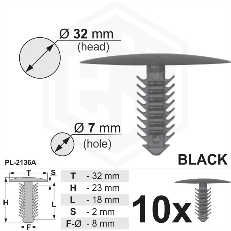 Black Plastic Fir Tree Trim Clips 7mm Hole, 32mm Head Car Van Spruce Button