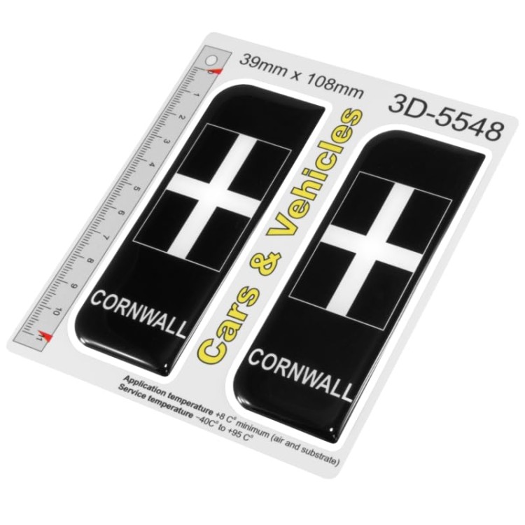Cornwall St Piran's Flag 3D Domed Gel Car Badge Stickers 39x108mm | Self-Adhesive Backing, UV & Fade Resistant, Resin Gel Dome, 5-Year Vinyl Lifespan