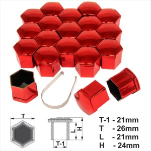 21mm Chrome Red Alloy Wheel Nut Bolt Covers Caps Metal Removal Tool Set of 20