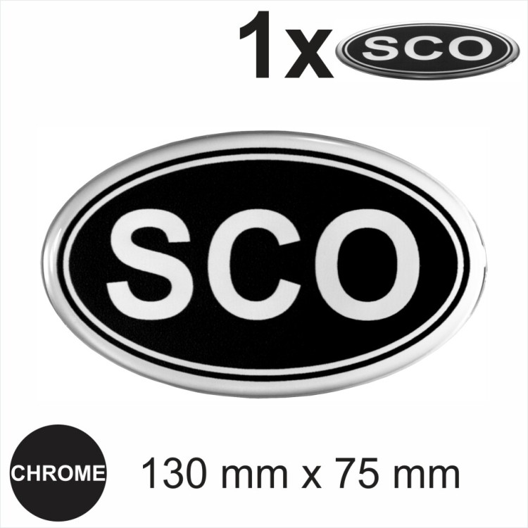 SCO Oval 130x75mm RETRO Chrome on Black Sticker Dome Car Van 3D Gel Resin Decal