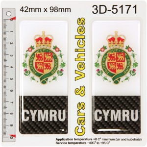 2x 42 x 98 mm CARBON CYMRU Coat of Arms Number Plate Gel Stickers Decals Badges Resin Domed
