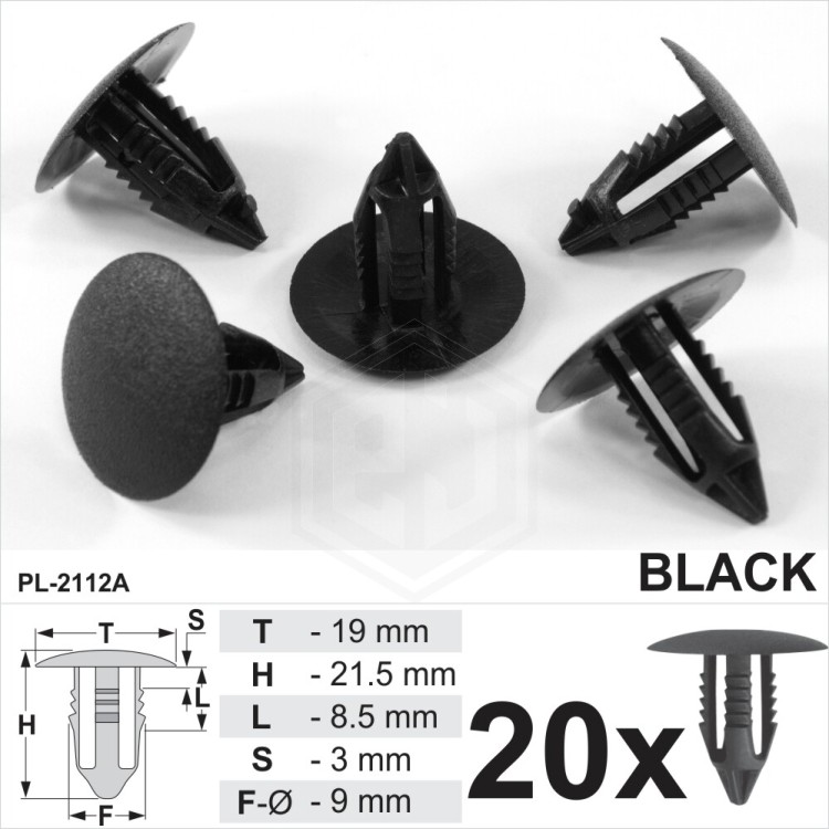 Black Plastic Fir Tree Trim Clips 8mm Hole 19mm Head Car Van Push In Button