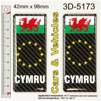 2x 42 x 98 mm CARBON CYMRU Wales Flag EU Number Plate Stickers Decals Badges Resin Domed