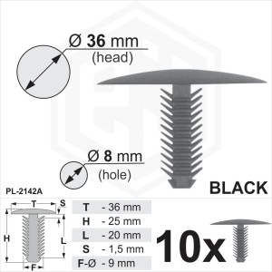 Black Plastic Fir Tree Trim Clips 8mm Hole 36mm Head Car Van Buttons Fixings