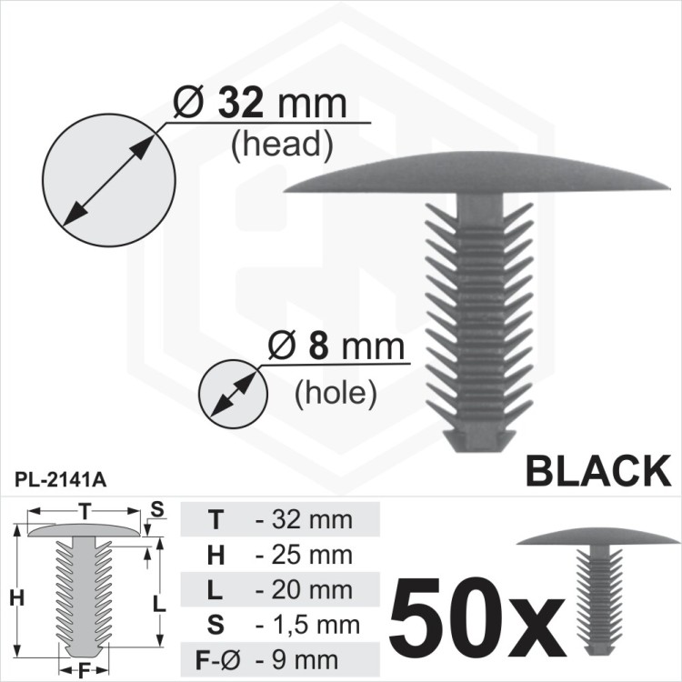 Black Plastic Fir Tree Trim Clips 8mm Hole, 32mm Head Car Interior Fixings