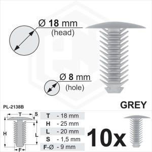 Grey Plastic Fir Tree Trim Clips 8mm Hole 18mm Head panel lining Fits VW Van