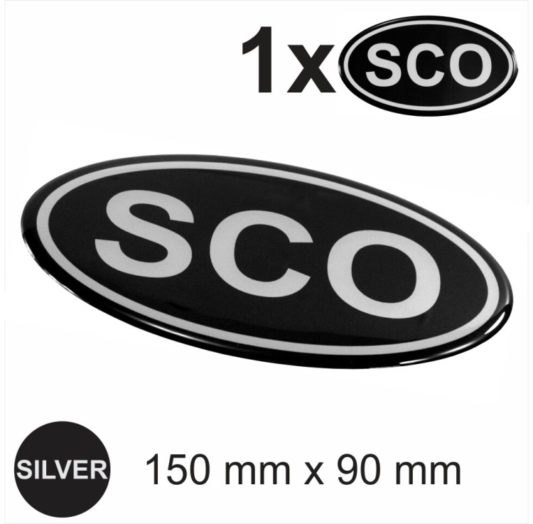 SCO Oval RETRO Metallic Silver on Black Sticker Dome Car Van 3D Gel Resin Decal