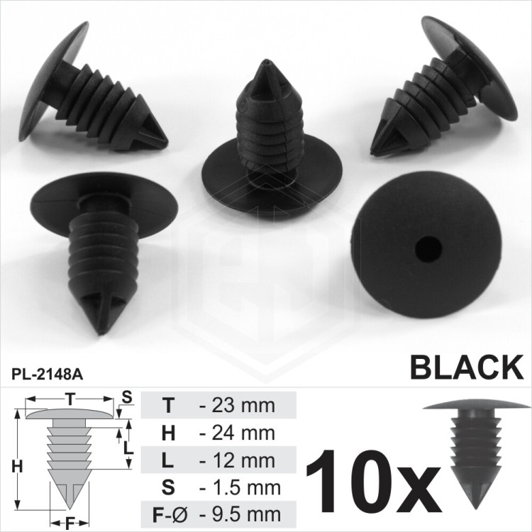 Black Plastic Fir Tree Trim Clips 9mm Hole 23mm Head Fastener Push Button