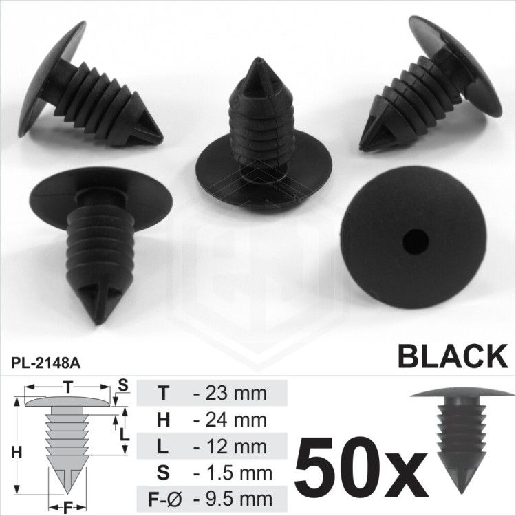 Black Plastic Fir Tree Trim Clips 9mm Hole 23mm Head Fastener Push Button
