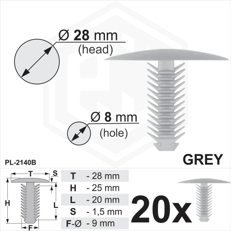 Grey Plastic Fir Tree Trim Clips 8mm Hole, 28mm Head Car Van Panel Fixings