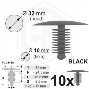 Black Plastic Fir Tree Trim Clips Buttons Spruce 10mm Hole 32mm Head Car Van