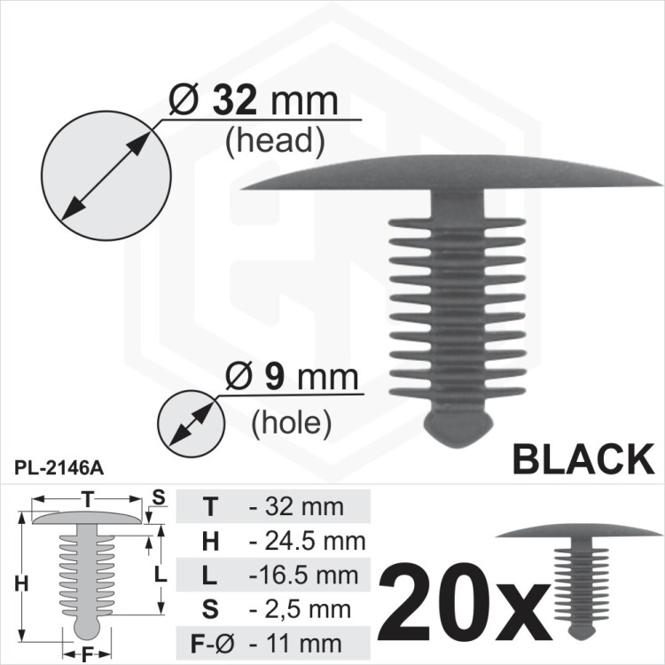Black Plastic Fir Tree Trim Clips Buttons Spruce 10mm Hole 32mm Head Car Van
