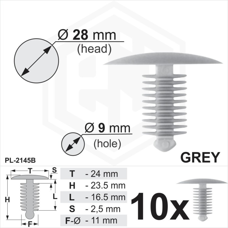 Grey Plastic Fir Tree Trim Clips Spruce 9mm Hole 28mm Head Car Panel Fixings