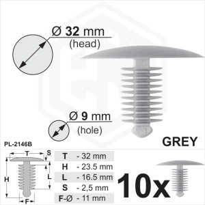 Grey Plastic Fir Tree Trim Clips Spruce 9mm Hole 32mm Head Car Panel Fixings