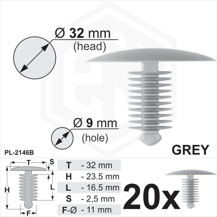 Grey Plastic Fir Tree Trim Clips Spruce 9mm Hole 32mm Head Car Panel Fixings