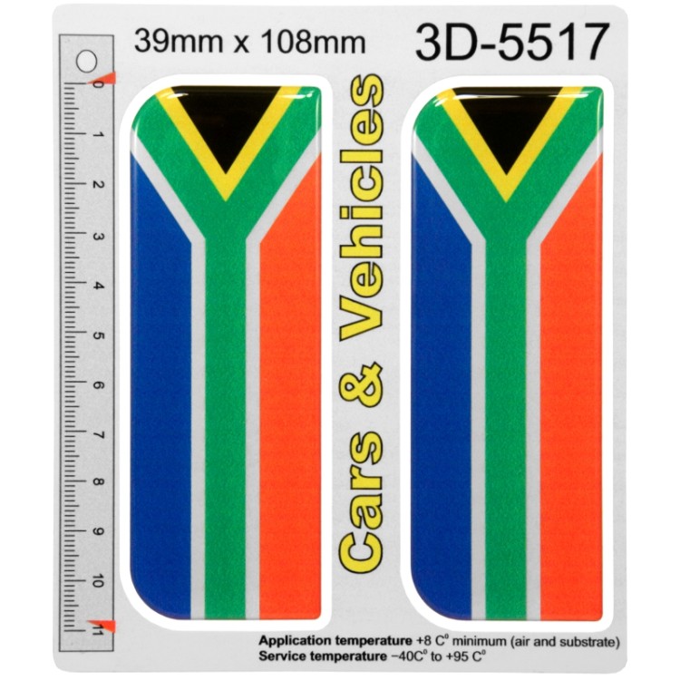 2x 39mm x 108mm South Africa Flag Domed Number Plate Stickers Badge 3D Decals