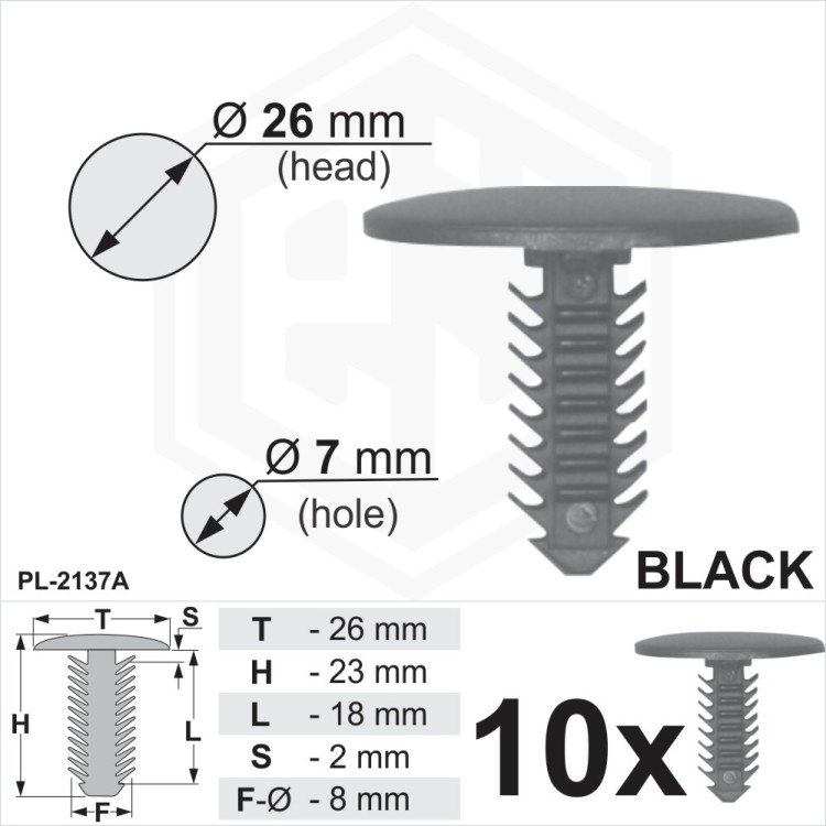 Black Plastic Fir Tree Trim fixings Clips 7mm Hole, 26mm Head Car Van Button
