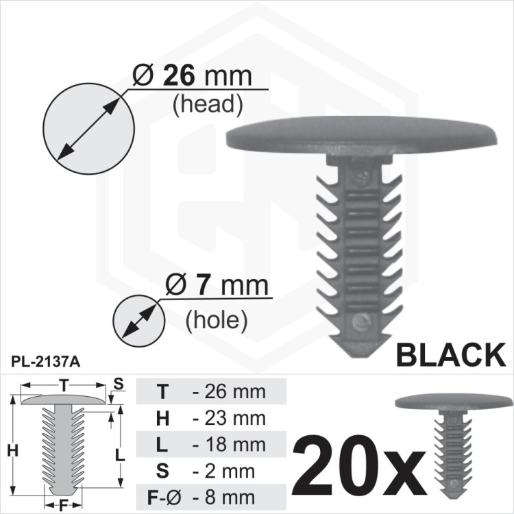 Black Plastic Fir Tree Trim fixings Clips 7mm Hole, 26mm Head Car Van Button
