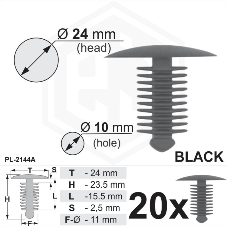 Black Plastic Fir Tree Trim Spruce Clips 10mm Hole, 24mm Head Car Fasteners