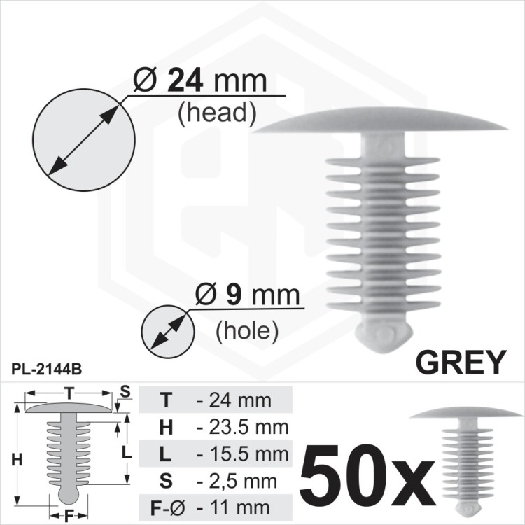 Grey Plastic Fir Tree Trim Spruce Clips 10mm Hole 24mm Head Car Panel Fixing