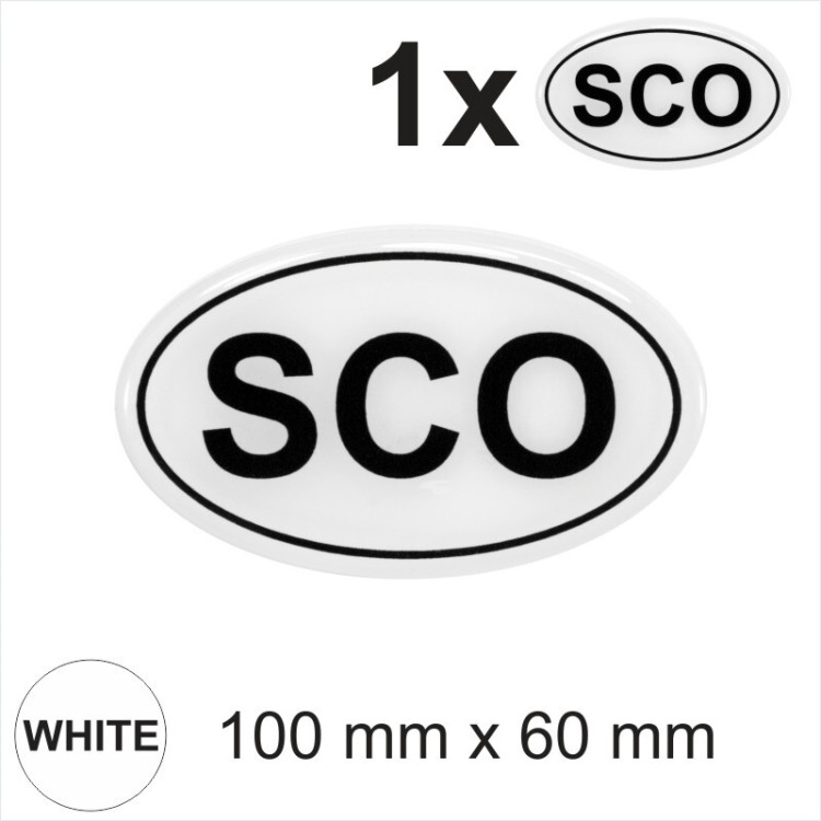 SCO Scotland Oval Black on White 100mm Gloss Sticker Dome Car 3D Gel Resin Decal
