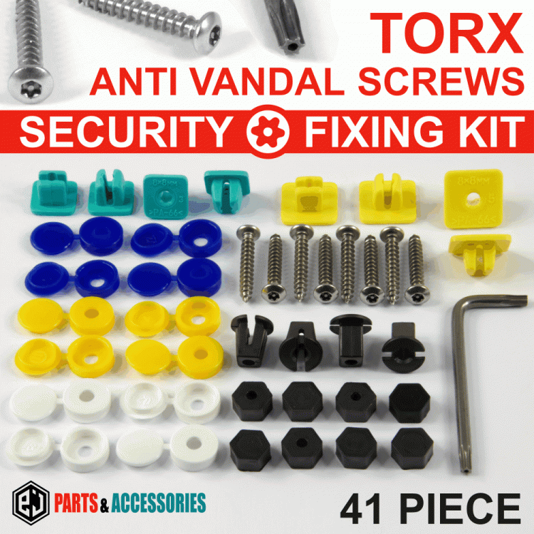 41x NUMBER PLATE CAR FIXING SECURITY SCREWS & Blue Yellow White CAPS HINGED Kit