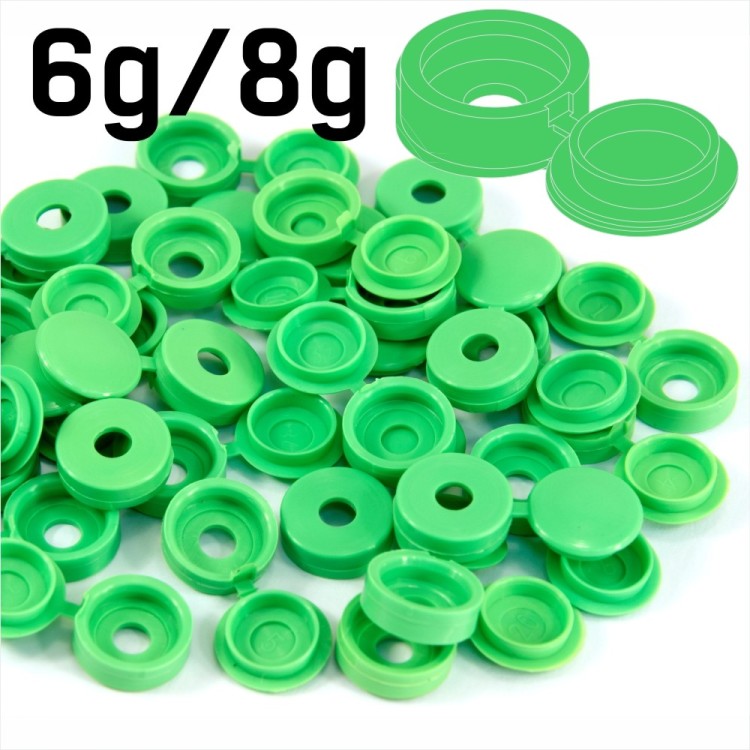 SMALL GRASS GREEN PLASTIC SCREW COVER CAPS HINGED FOLD OVER SIZE 6g or 8g GAUGE