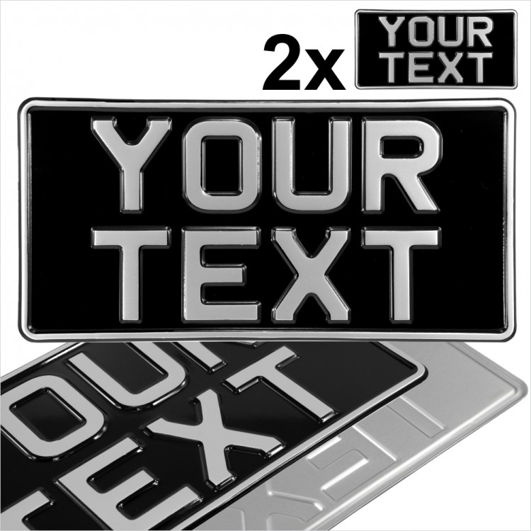 2x American Japanese Import USA 300x150  12"x6" Black and Silver Classic Pressed Number Plates +10 STICKY PADS