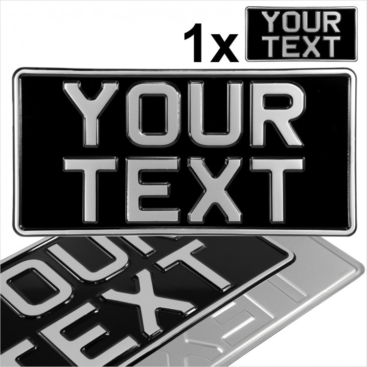 1x American Japanese Import USA 300x150  12"x6" Black and Silver Classic Pressed Number Plates +5 STICKY PADS