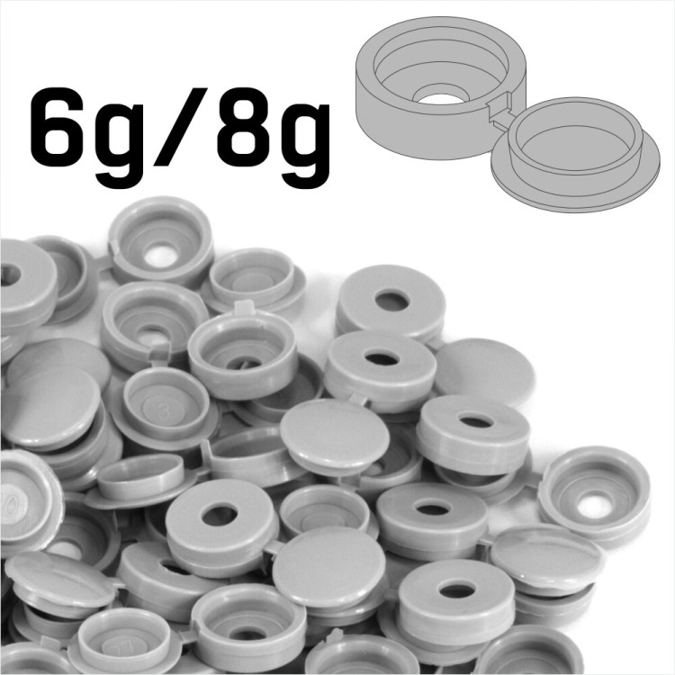 SMALL LIGHT GREY PLASTIC SCREW COVER CAPS HINGED FOLD OVER SIZE 6g/8g GAUGE GRAY