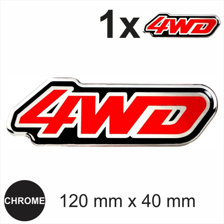 4WD Chrome Red Stickers 4 whells Domed 3d Gel Resin Badge Decal Emblem 120x40 mm