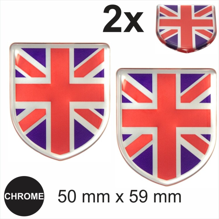 2x Chrome GB British Union Jack flag UK 3D Domed Gel STICKER Resin Decal Badge