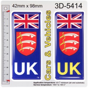 2x 42 x 98 mm UK Flag Essex County Number Plate Stickers 3D Gel Domed Decals Badges