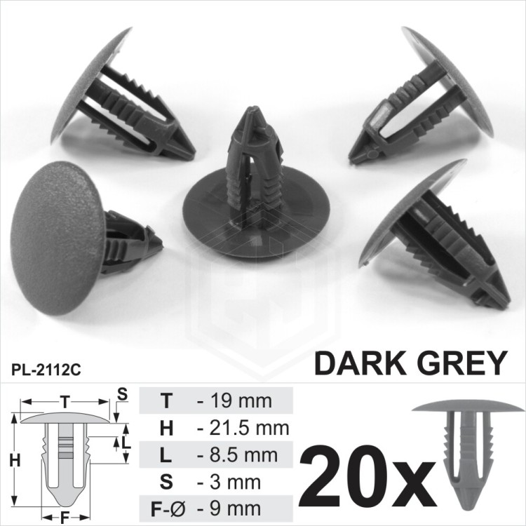 Dark Grey Plastic Fir Tree Trim Clips 8mm Hole 19mm Head Car Push In Spruce