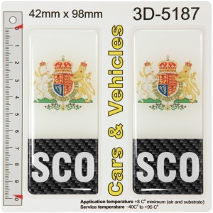 2x 42 x 98 mm Scotland CARBON SCO Coat of Arms Number Plate Decal Badge 3D Resin Gel Domed