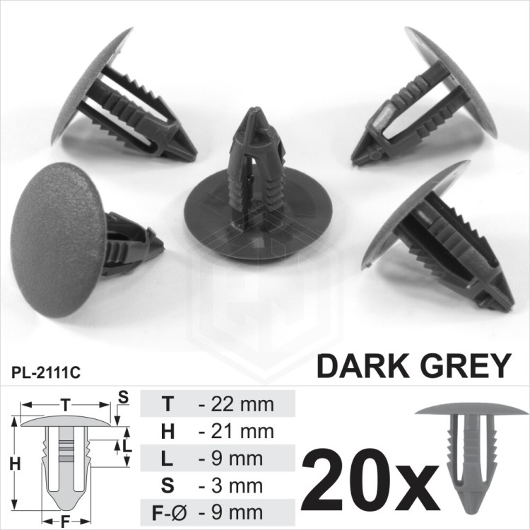 Dark Grey Plastic Fir Tree Trim Clips 8mm Hole 22mm Head Car Push In Spruce