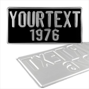American 300x150 12"x6" Black and Silver USA Pressed Number Plates with name,date on bottom +5 STICKY PADS