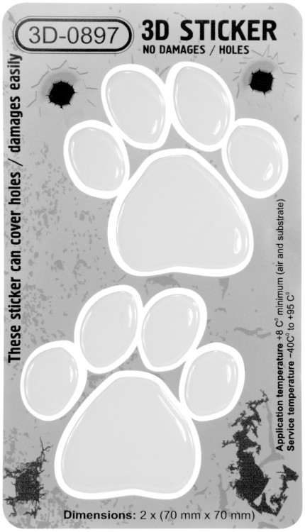 Pair White Pet Dog Bear Paw 3D Stickers Decal Domed Resin Cars Walls 70x70mm